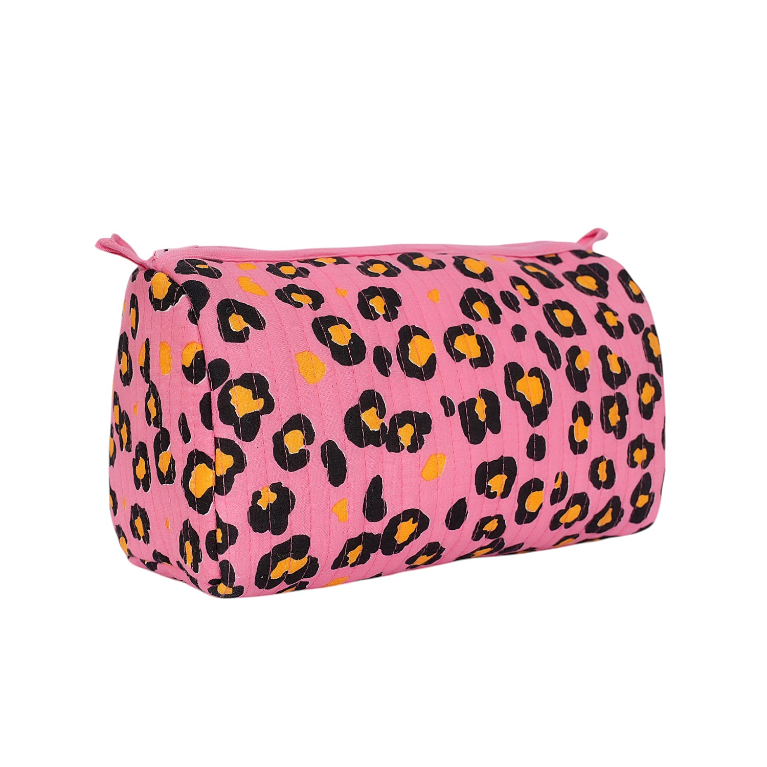 The Leopard 3-Piece Travel Set in pink — handmade quilted cotton makeup pouch with hand-block-printed leopard print, ethically crafted in Rajasthan