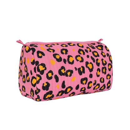 The Leopard 3-Piece Travel Set in pink — handmade quilted cotton makeup pouch with hand-block-printed leopard print, ethically crafted in Rajasthan