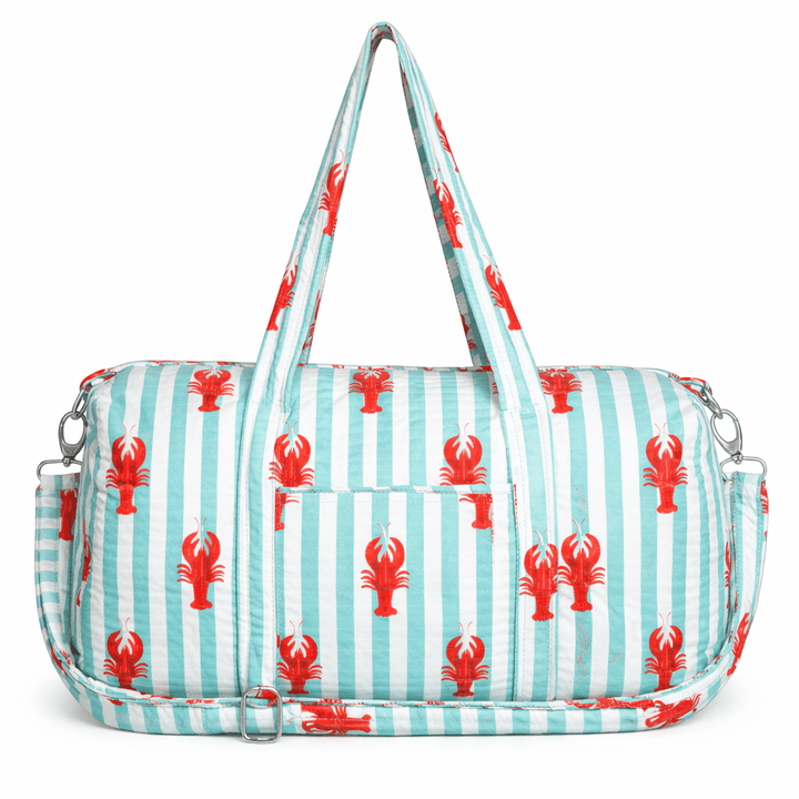 The Lobster Striped Weekender — handmade hand block printed cotton weekender bag, ethically made in Rajasthan, India