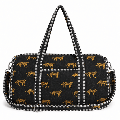Cheetah Velvet Weekender — handmade quilted velvet weekender bag, ethically made in Rajasthan, India