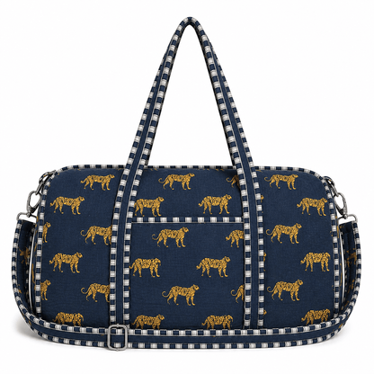 Cheetah Velvet Weekender — handmade quilted velvet weekender bag, ethically made in Rajasthan, India