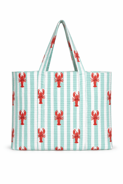 The Striped Lobster Tote — handmade hand block printed cotton tote bag, ethically made in Rajasthan, India