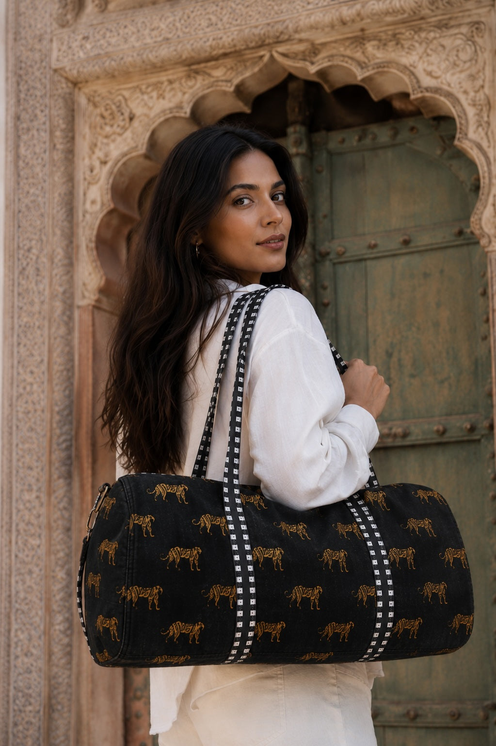Cheetah Velvet Weekender — handmade quilted velvet weekender bag, ethically made in Rajasthan, India
