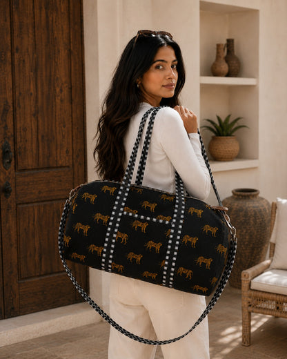 Cheetah Velvet Weekender — handmade quilted velvet weekender bag, ethically made in Rajasthan, India