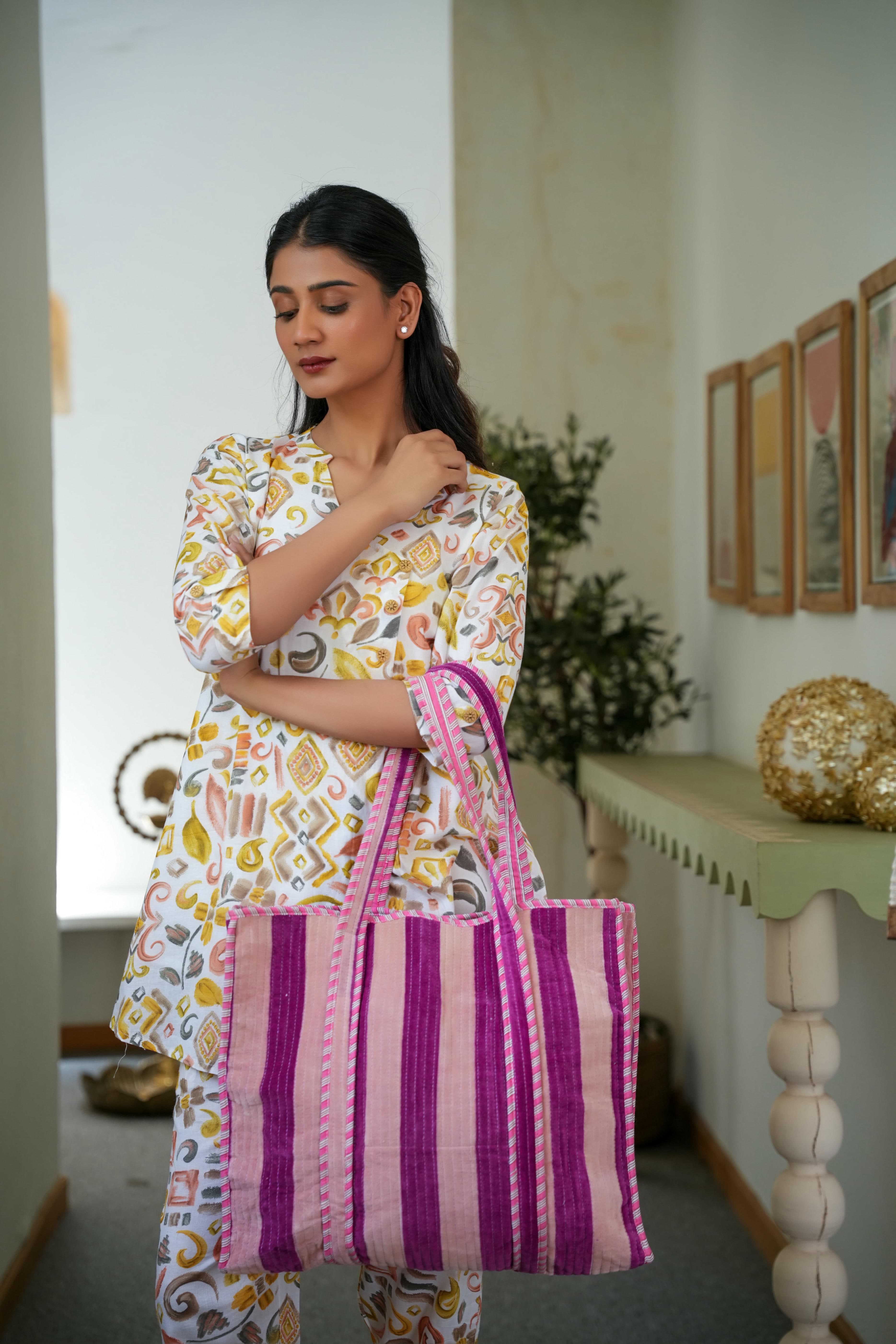 The Striped Velvet Tote — handmade quilted velvet tote bag, ethically made in Rajasthan, India