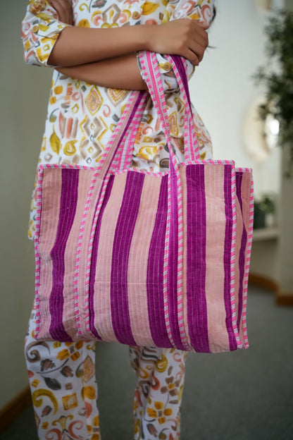 The Striped Velvet Tote — handmade quilted velvet tote bag, ethically made in Rajasthan, India