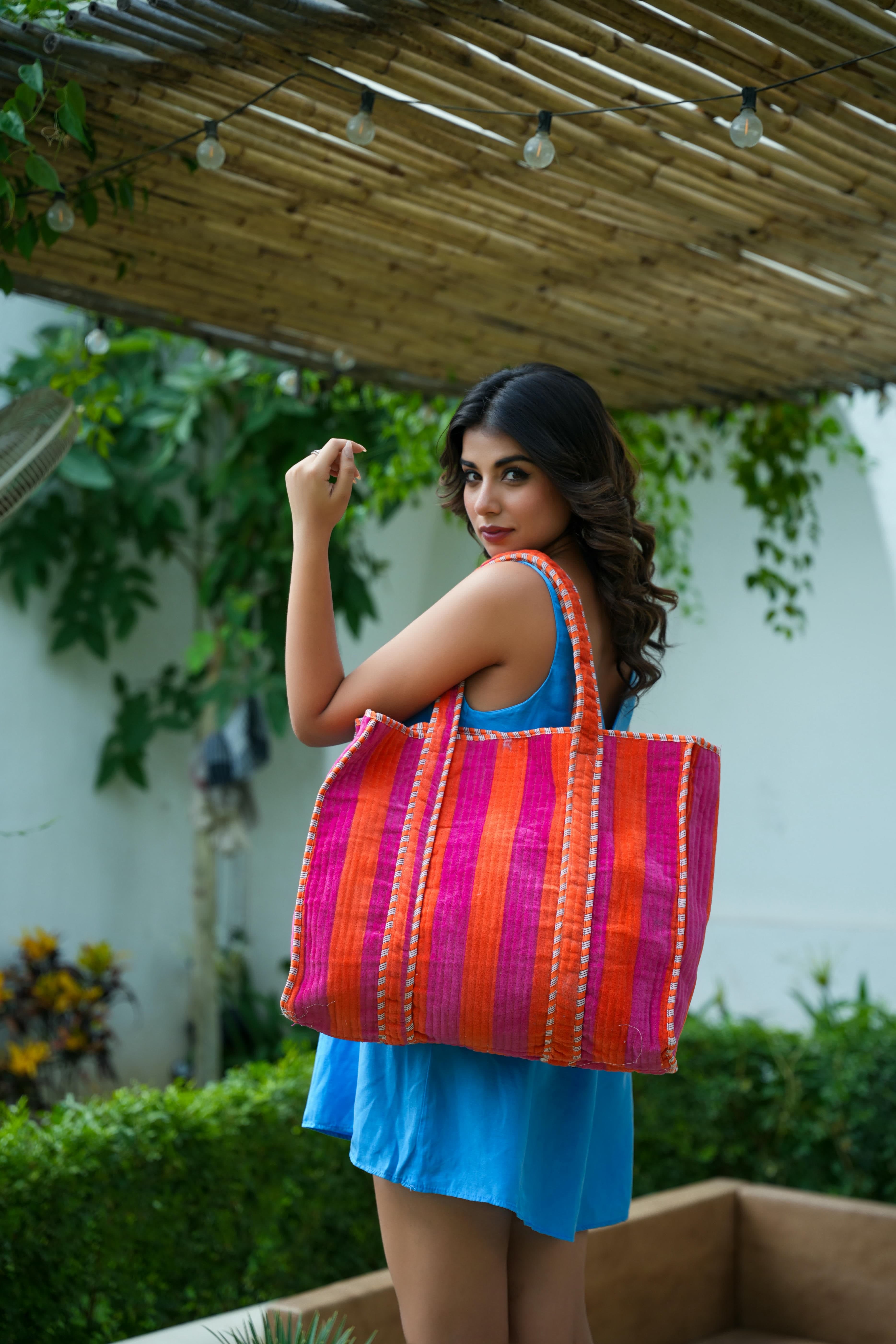The Striped Velvet Tote — handmade quilted velvet tote bag, ethically made in Rajasthan, India