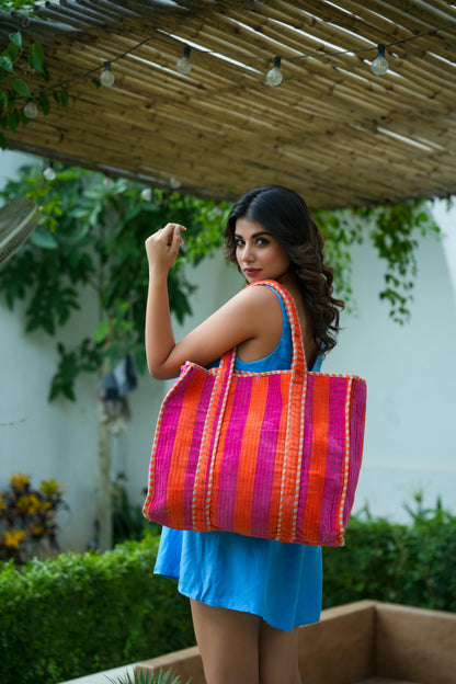 The Striped Velvet Tote — handmade quilted velvet tote bag, ethically made in Rajasthan, India