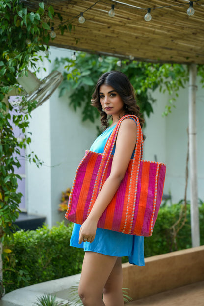 The Striped Velvet Tote — handmade quilted velvet tote bag, ethically made in Rajasthan, India