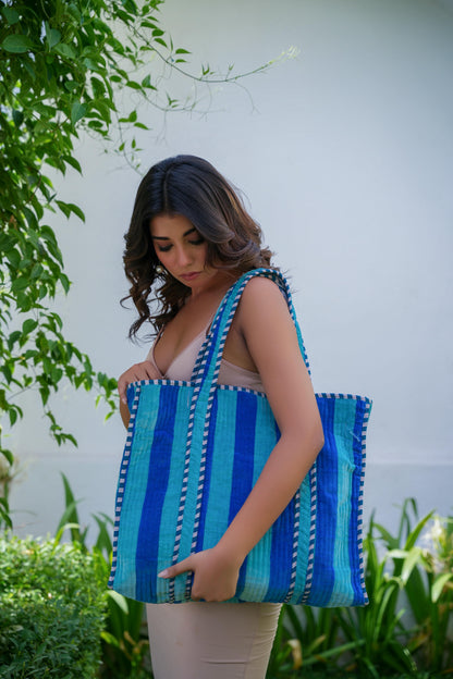 The Striped Velvet Tote — handmade quilted velvet tote bag, ethically made in Rajasthan, India