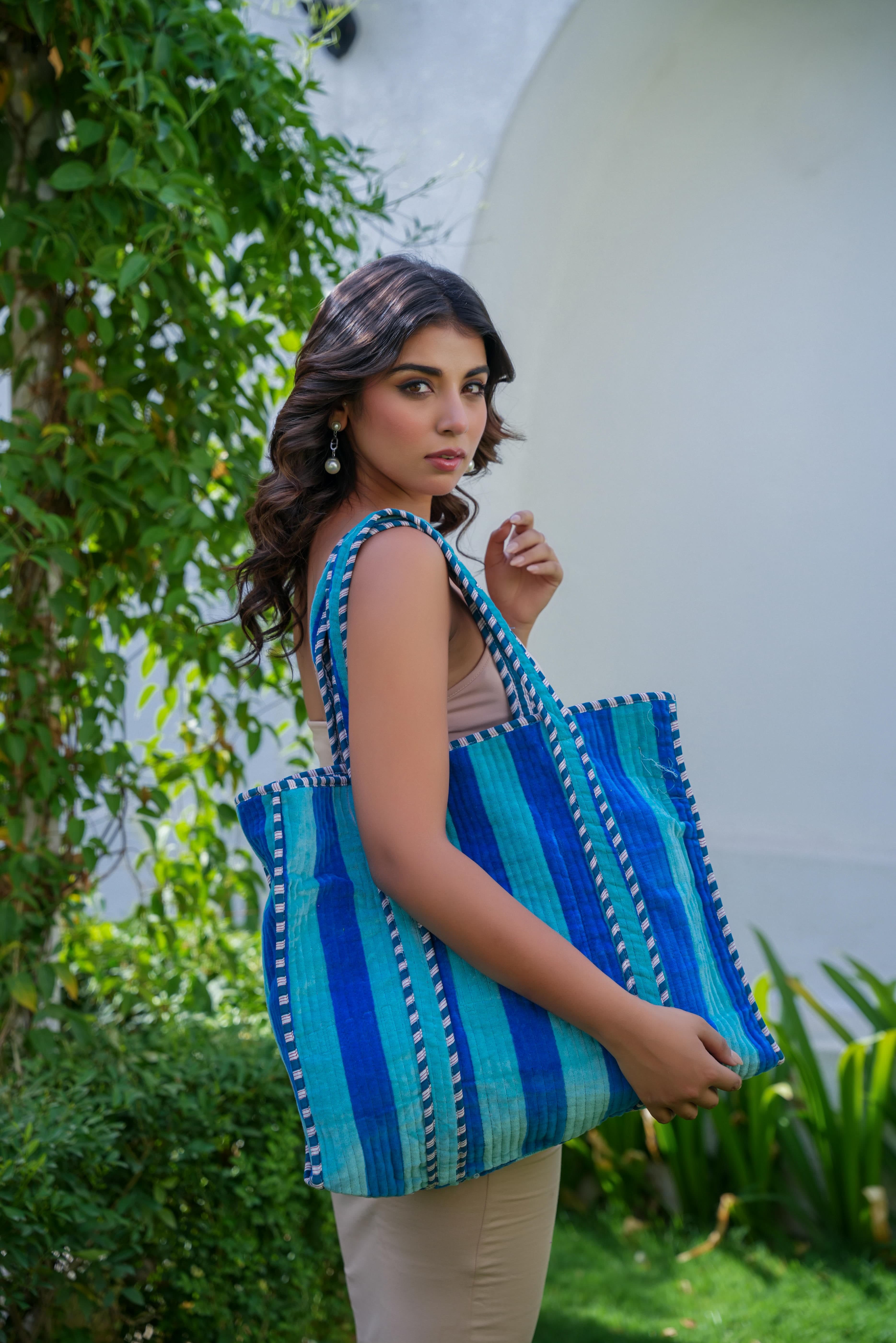 The Striped Velvet Tote — handmade quilted velvet tote bag, ethically made in Rajasthan, India