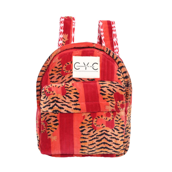 Velvet Mini Backpack in Red Tibetan Tiger — handmade quilted velvet mini backpack, ethically made in Rajasthan, India