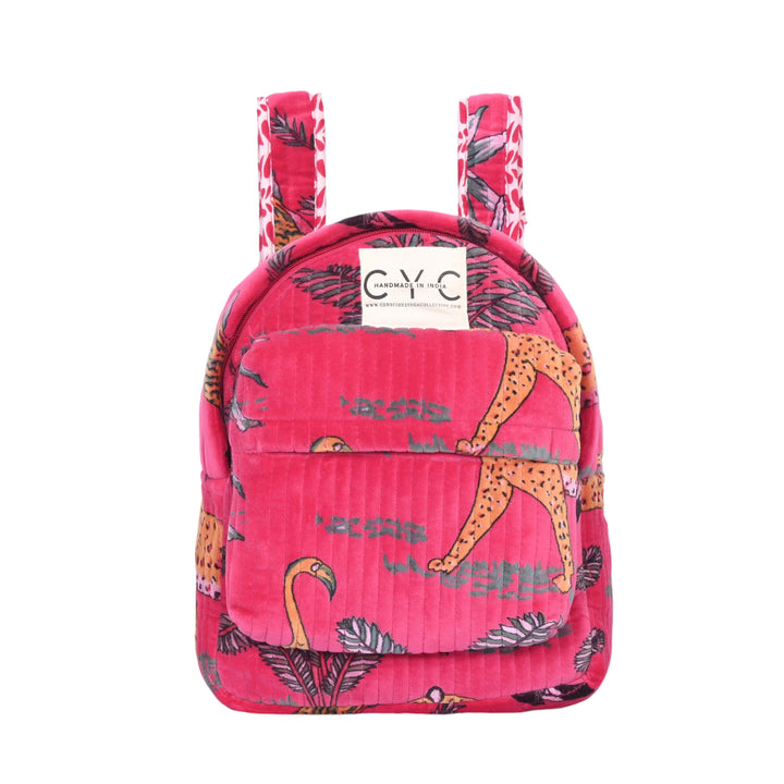 Velvet Mini Backpack in Hot Pink Jungle — handmade quilted velvet mini backpack, ethically made in Rajasthan, India