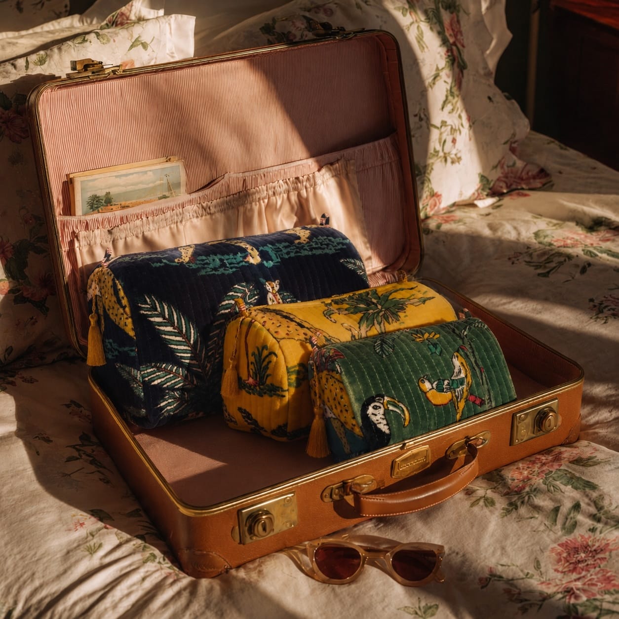 Jungle Velvet Mixed 3 Piece Travel Set — handmade quilted velvet travel pouch set, ethically made in Rajasthan, India
