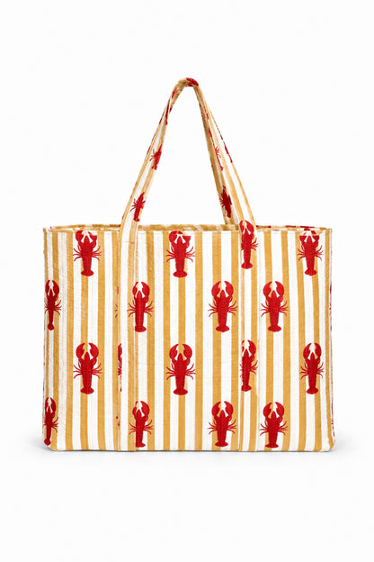 The Striped Lobster Tote in gold stripe — handmade hand-block-printed cotton tote bag with our golden striped lobster print, ethically made in Rajasthan, India