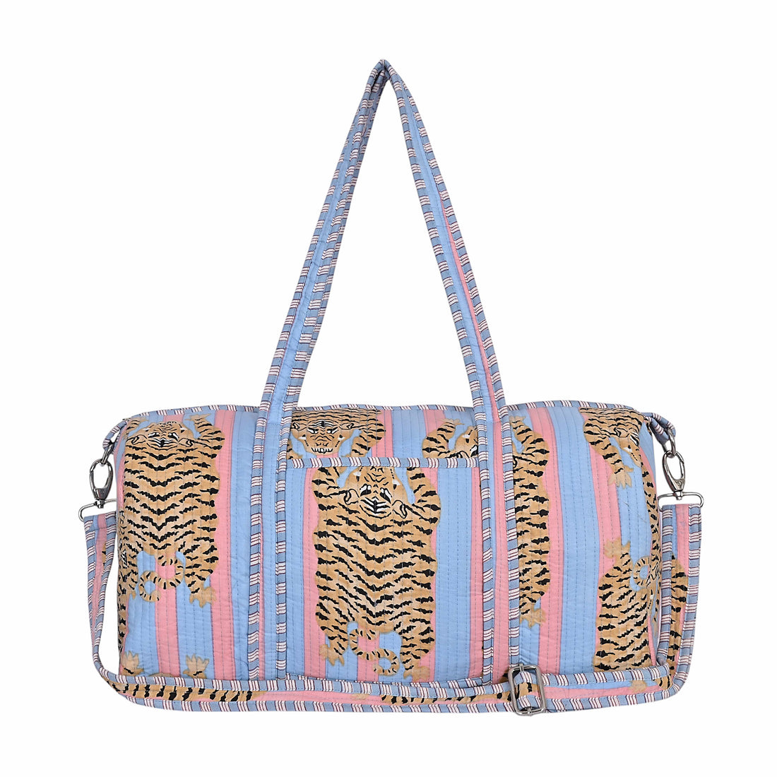 Front view of The Tibetan Tiger Weekender in cream cotton with the Tibetan tiger motif filling the body
