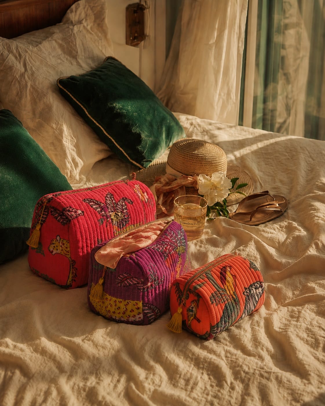 Jungle Velvet Mixed 3 Piece Travel Set — handmade quilted velvet travel pouch set, ethically made in Rajasthan, India