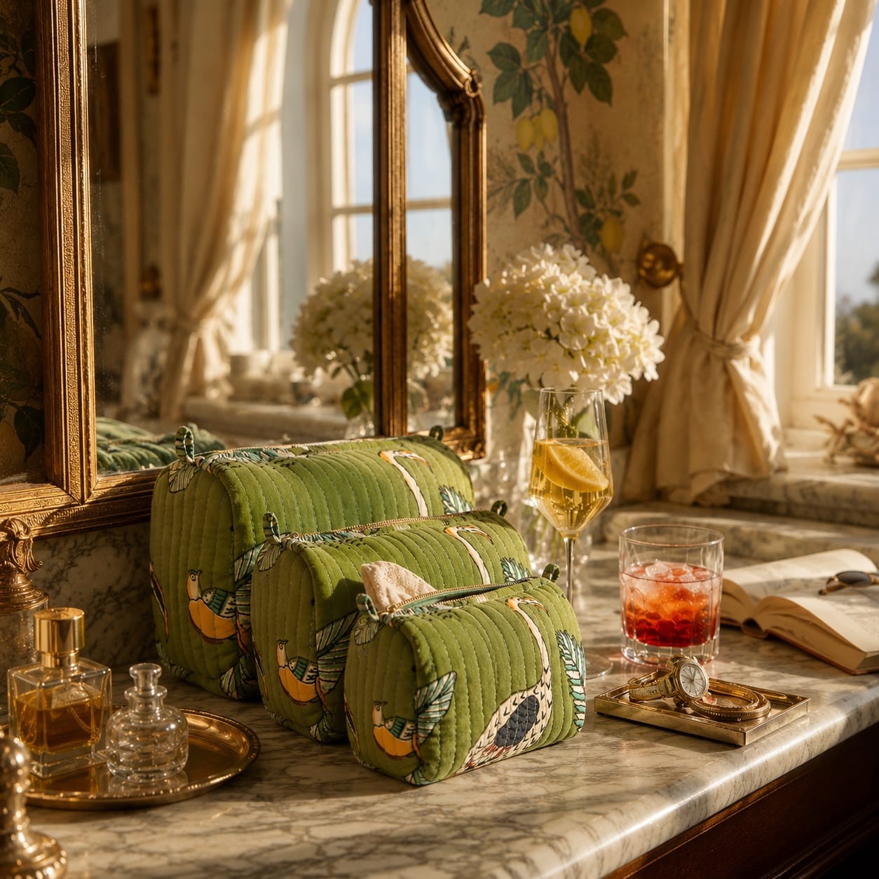 The Jungle 3 Piece Travel Set — handmade hand block printed cotton travel pouch set, ethically made in Rajasthan, India