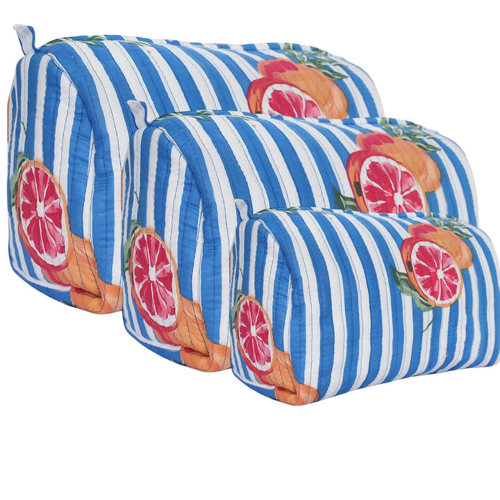 The Summer Fruits Travel Set Oranges — handmade hand block printed cotton travel pouch set, ethically made in Rajasthan, India