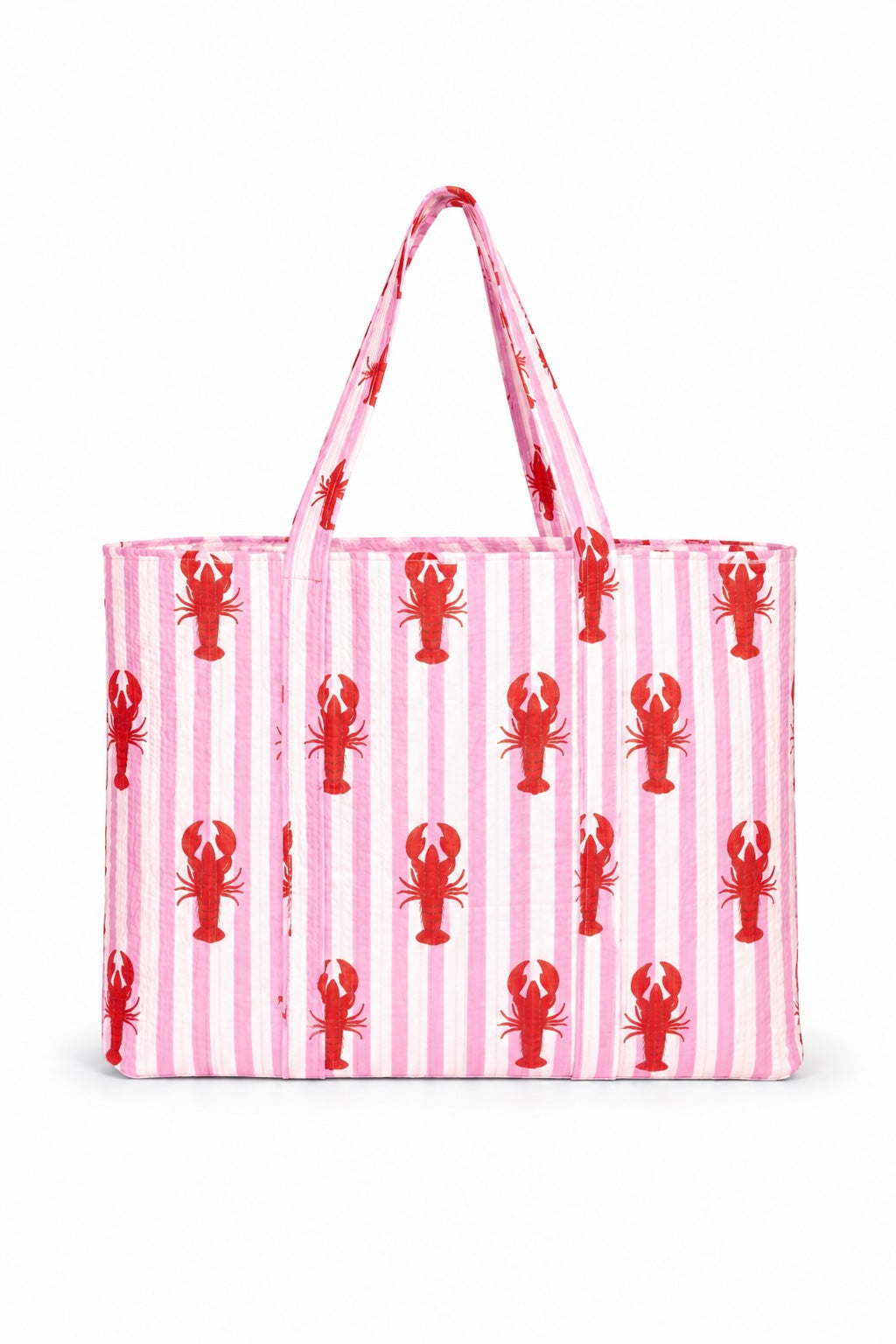The Striped Lobster Tote in pink — handmade hand-block-printed cotton tote bag with our signature pink lobster print, ethically made in Rajasthan, India