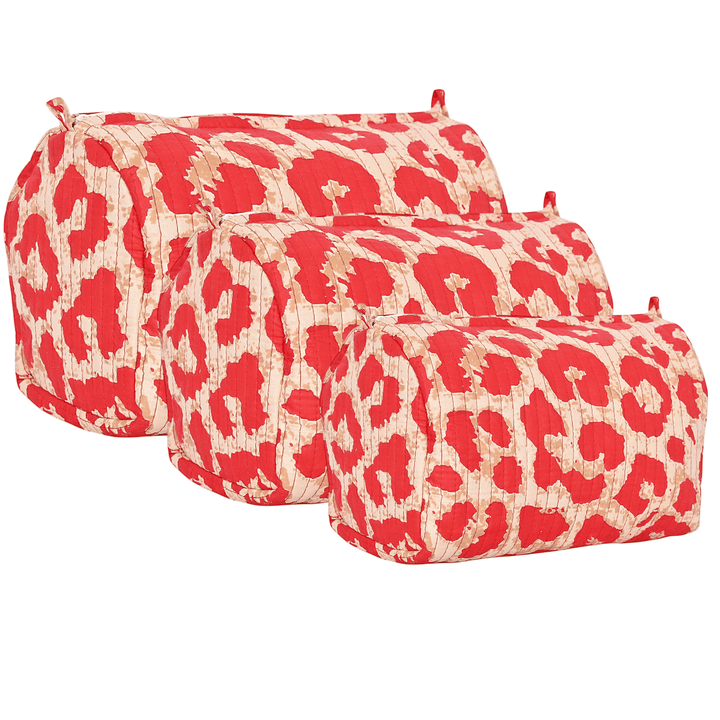The Leopard Travel Set in Red — handmade cotton travel pouch set, ethically made in Rajasthan, India