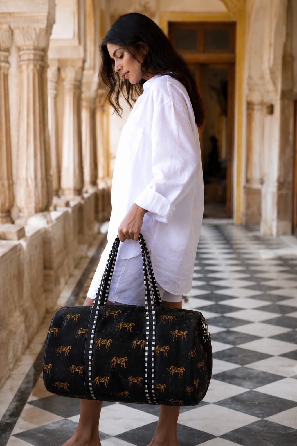 Cheetah Velvet Weekender — handmade quilted velvet weekender bag, ethically made in Rajasthan, India