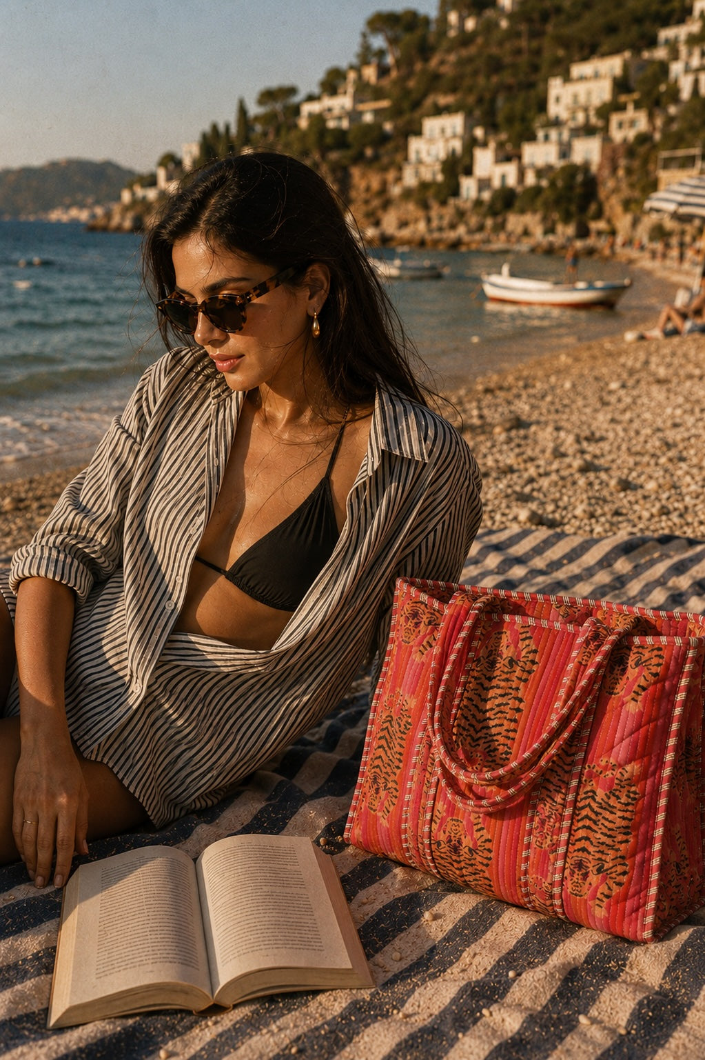 European summer scene with a handcrafted artisan tote — hand-block-printed in Rajasthan, Conscious Yoga Collective
