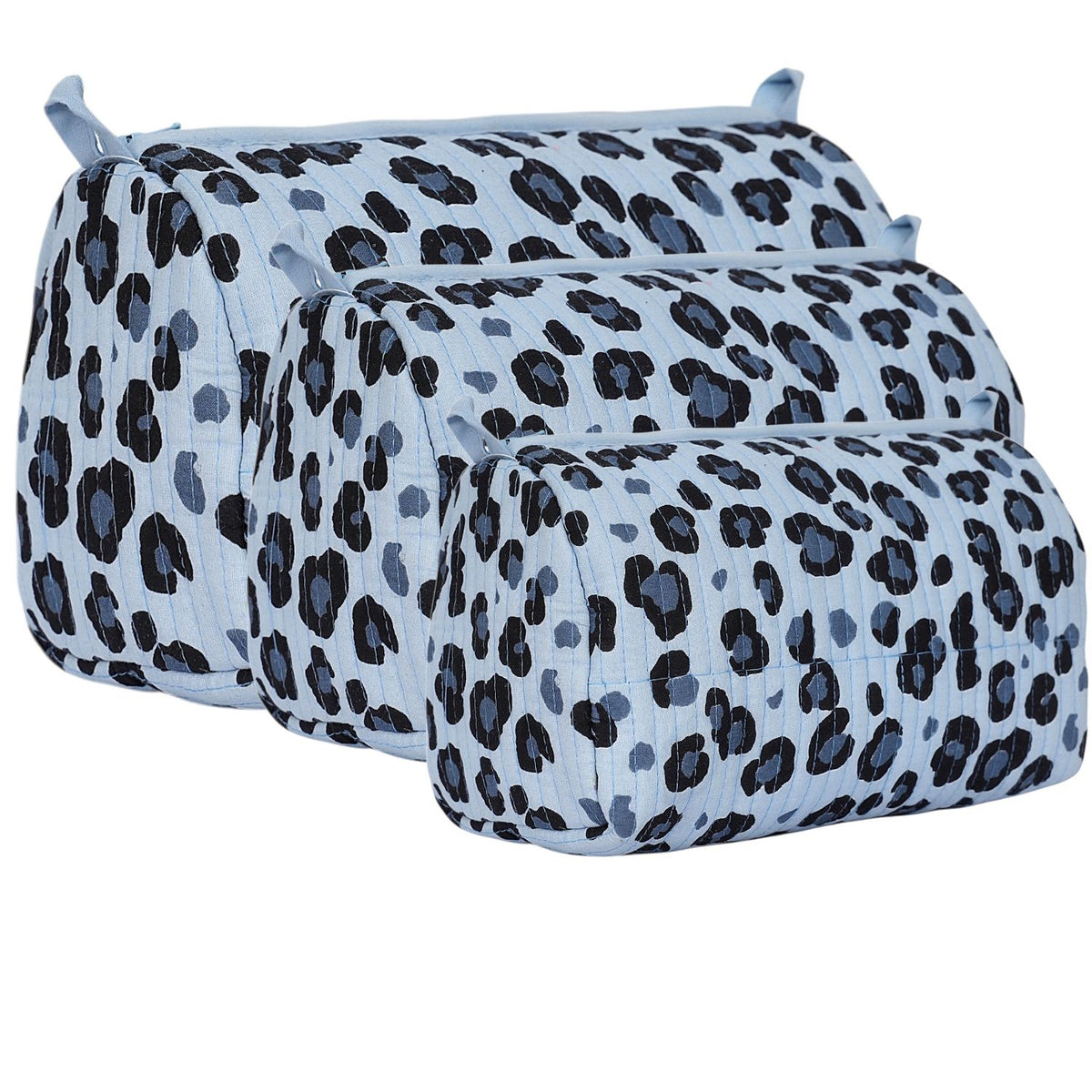 The Leopard Travel Set in Blue — handmade hand-block-printed cotton travel pouch set, made in Rajasthan, India