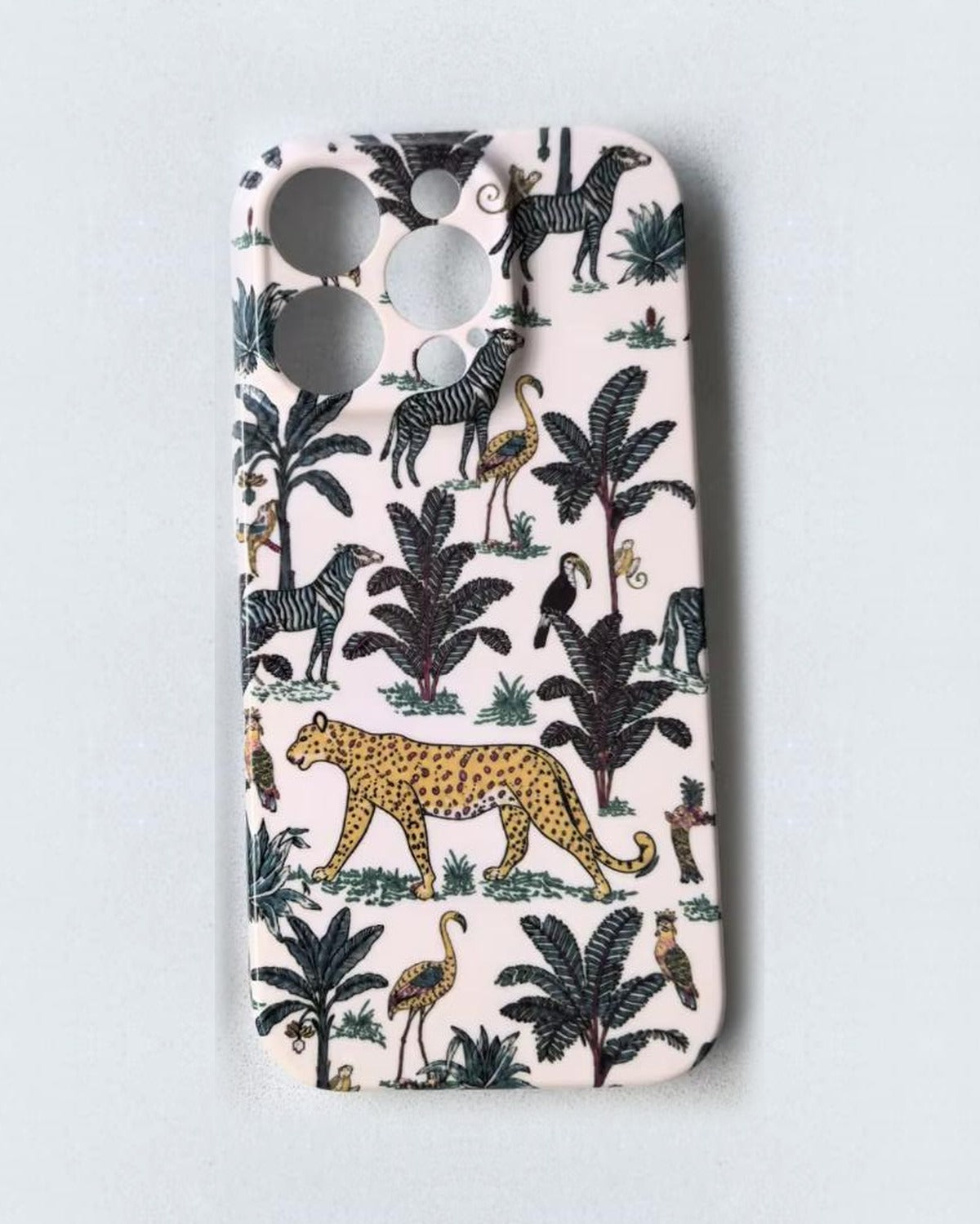 The Jungle iPhone Case in Cream — leopard, zebra, palms and parrots on cream, printed phone case by Conscious Yoga Collective
