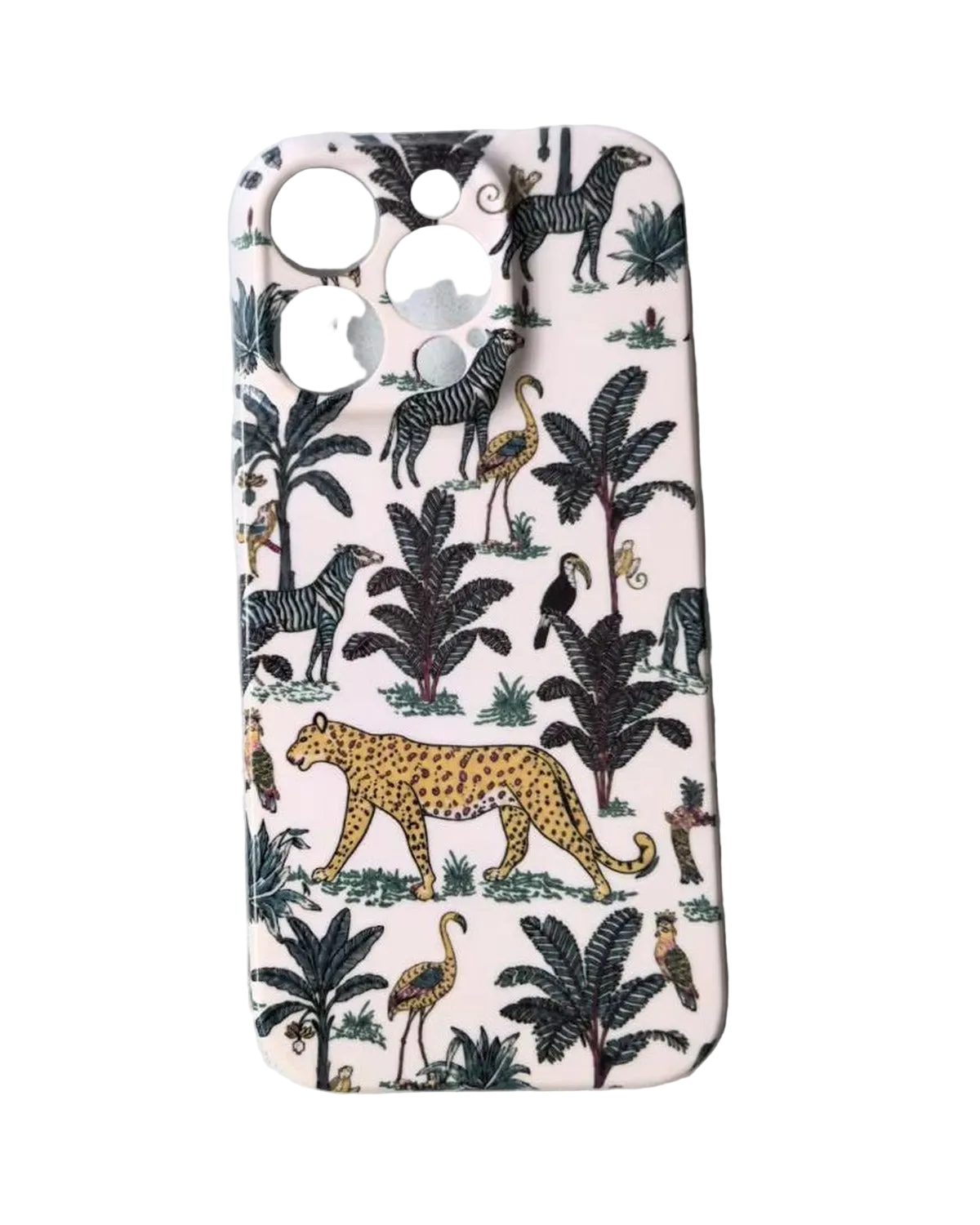 The Jungle iPhone Case in Cream — leopard, zebra, palms and parrots on cream, printed phone case by Conscious Yoga Collective