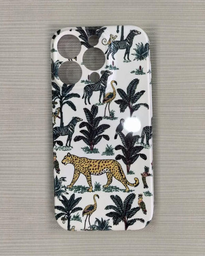 The Jungle iPhone Case in Cream — close view of the glossy printed back and camera cutout
