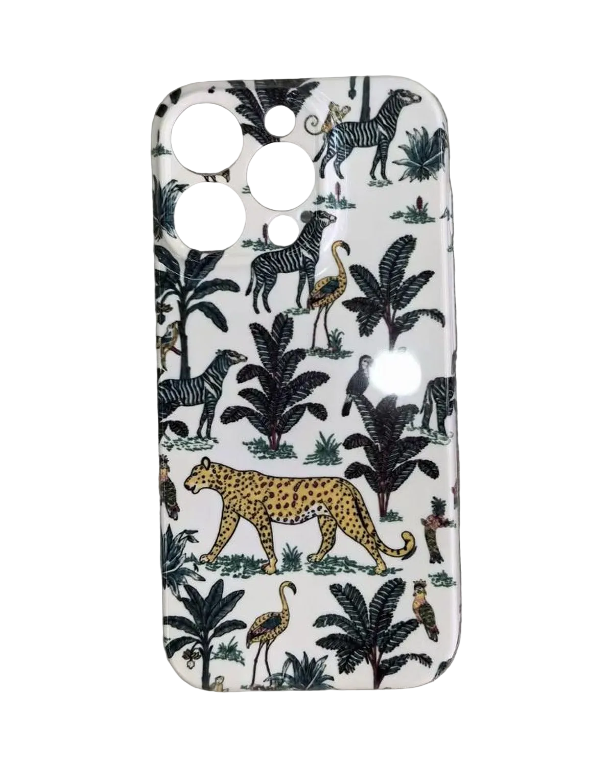 The Jungle iPhone Case in Cream — close view of the glossy printed back and camera cutout