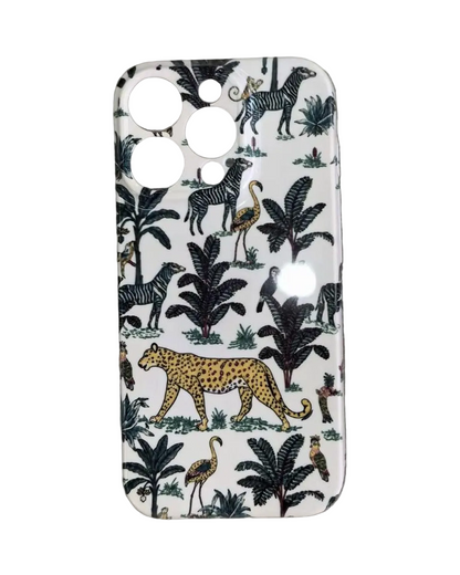 The Jungle iPhone Case in Cream — close view of the glossy printed back and camera cutout