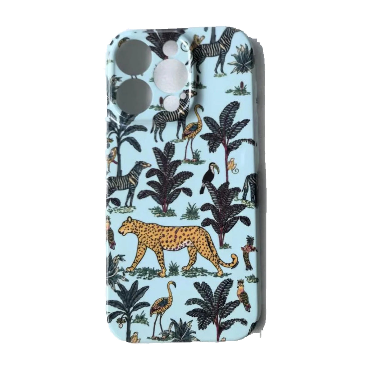 The Jungle iPhone Case in Duck Egg — leopard, zebra, palms and parrots on duck egg blue, printed phone case by Conscious Yoga Collective
