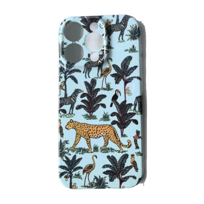 The Jungle iPhone Case in Duck Egg — leopard, zebra, palms and parrots on duck egg blue, printed phone case by Conscious Yoga Collective