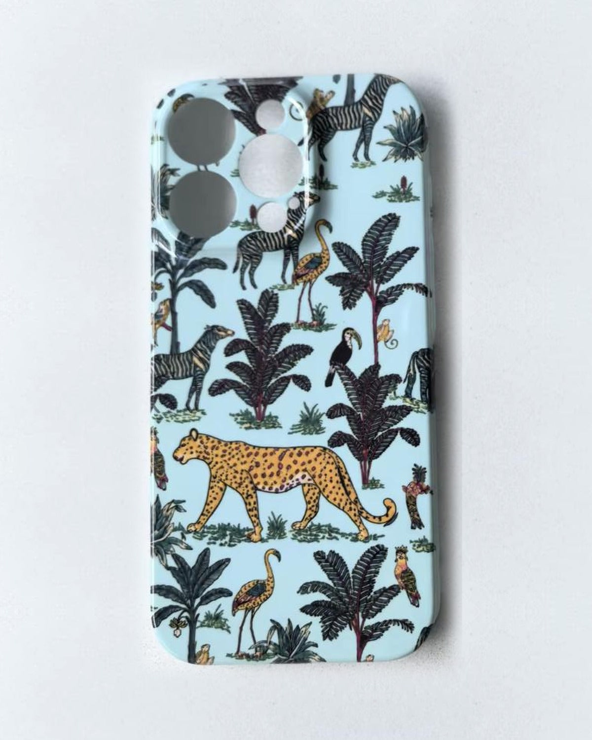 The Jungle iPhone Case in Duck Egg — leopard, zebra, palms and parrots on duck egg blue, printed phone case by Conscious Yoga Collective