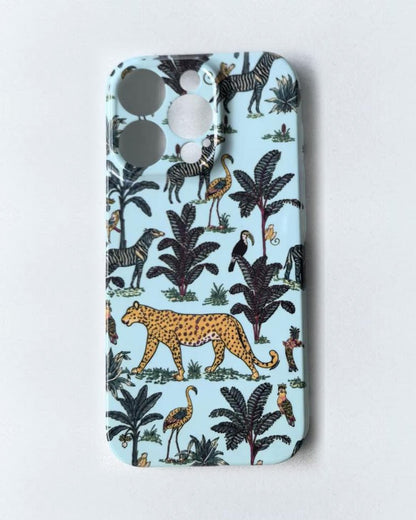 The Jungle iPhone Case in Duck Egg — leopard, zebra, palms and parrots on duck egg blue, printed phone case by Conscious Yoga Collective