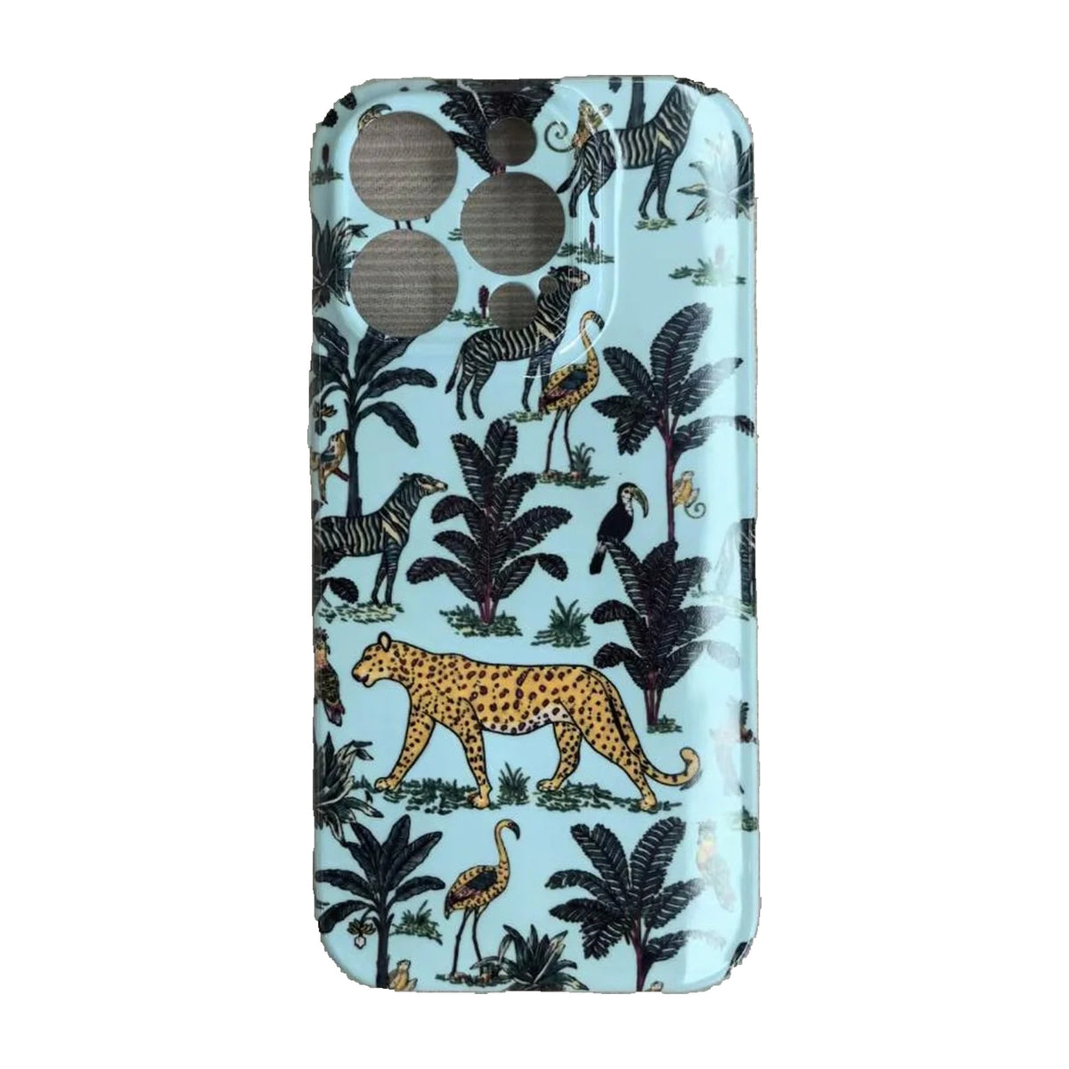 The Jungle iPhone Case in Duck Egg — close view of the glossy printed back and camera cutout