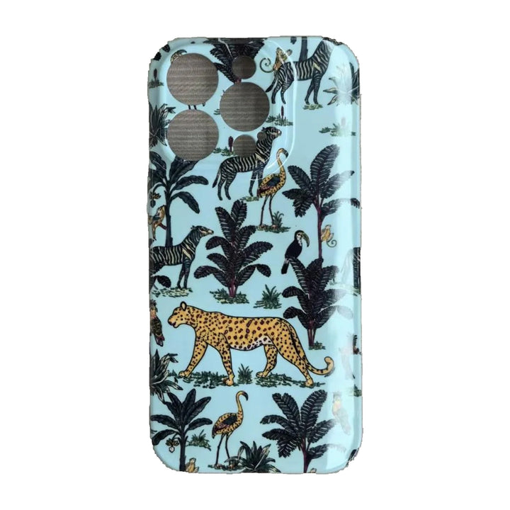 The Jungle iPhone Case in Duck Egg — close view of the glossy printed back and camera cutout