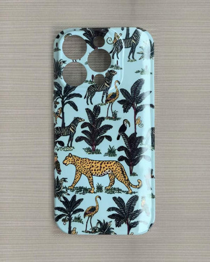 The Jungle iPhone Case in Duck Egg — close view of the glossy printed back and camera cutout