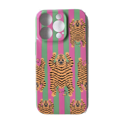 The Tibetan Tiger iPhone Case in Green and Pink — tiger print on green and pink stripes, printed phone case by Conscious Yoga Collective