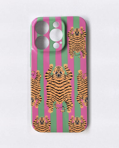 The Tibetan Tiger iPhone Case in Green and Pink — tiger print on green and pink stripes, printed phone case by Conscious Yoga Collective