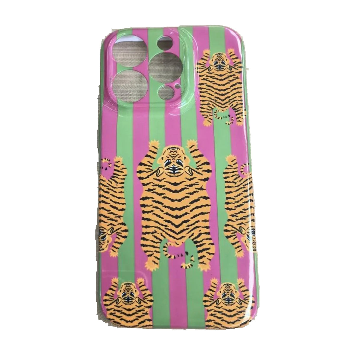 The Tibetan Tiger iPhone Case in Green and Pink — close view of the glossy printed back and camera cutout