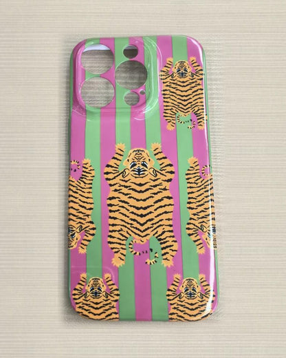 The Tibetan Tiger iPhone Case in Green and Pink — close view of the glossy printed back and camera cutout
