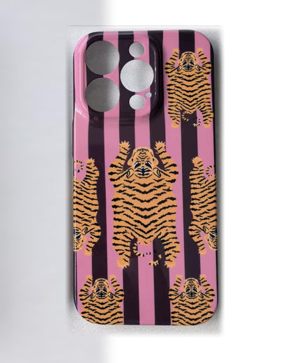 The Tibetan Tiger iPhone Case in Mauve Plum — tiger print on mauve and deep plum stripes, printed phone case by Conscious Yoga Collective