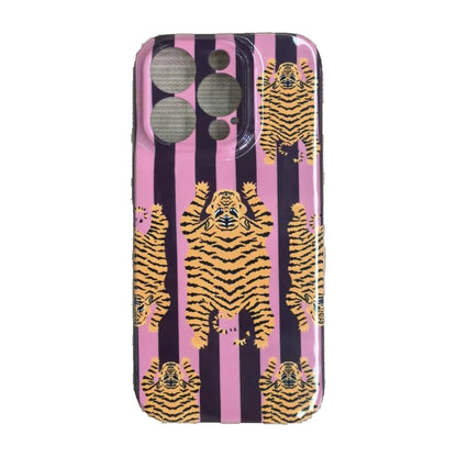 The Tibetan Tiger iPhone Case in Mauve Plum — close view of the glossy printed back and camera cutout