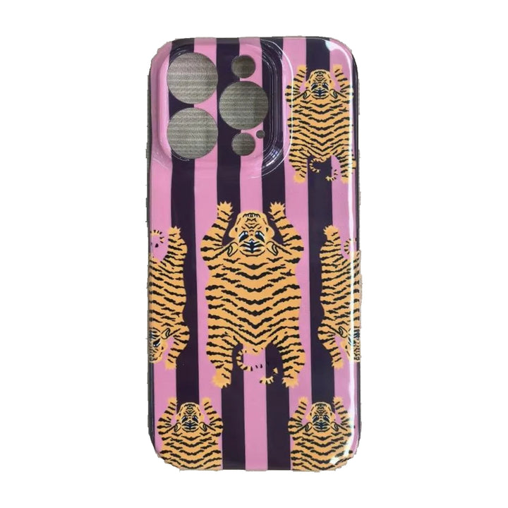 The Tibetan Tiger iPhone Case in Mauve Plum — close view of the glossy printed back and camera cutout