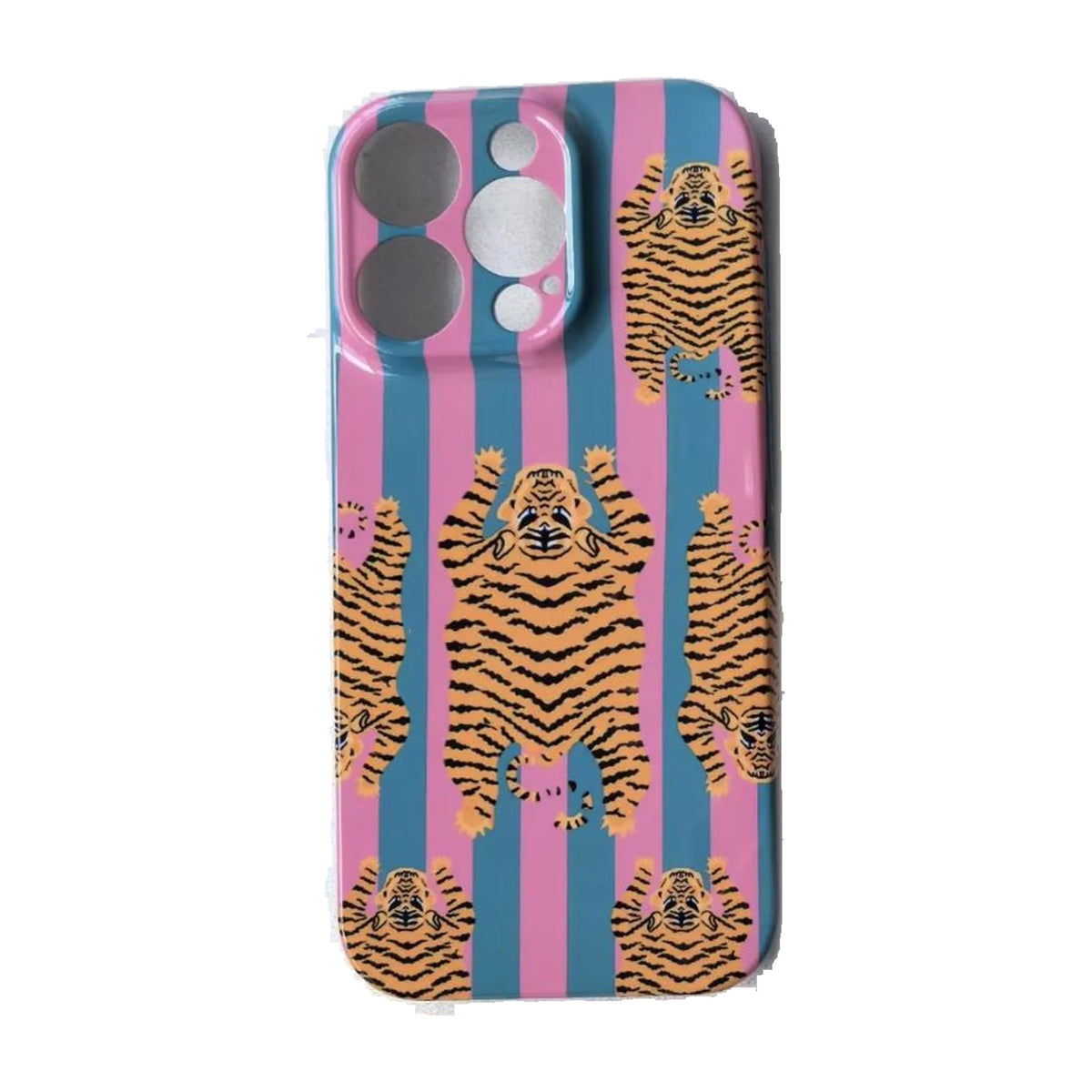 The Tibetan Tiger iPhone Case in Pink and Teal — tiger print on pink and teal stripes, printed phone case by Conscious Yoga Collective