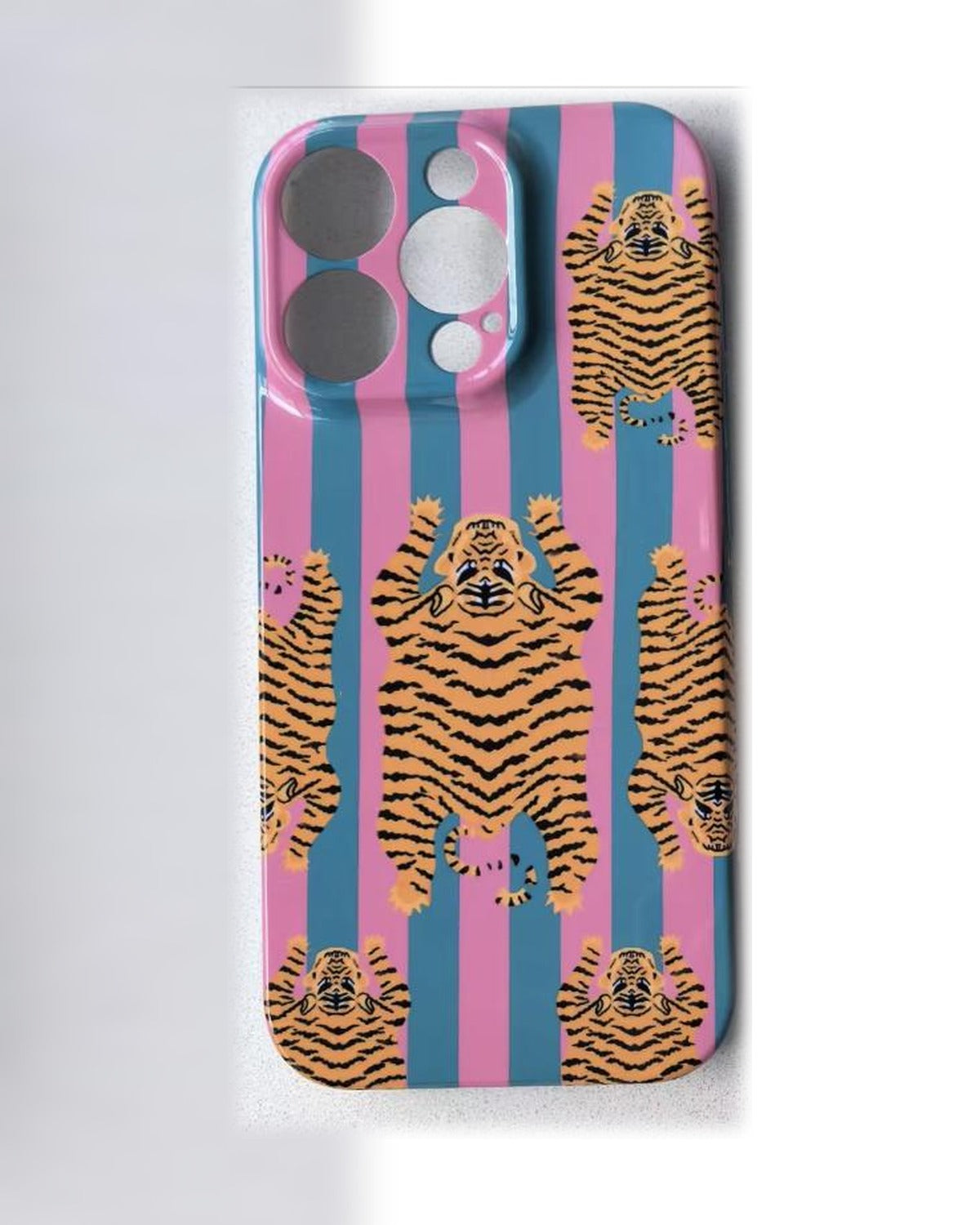 The Tibetan Tiger iPhone Case in Pink and Teal — tiger print on pink and teal stripes, printed phone case by Conscious Yoga Collective