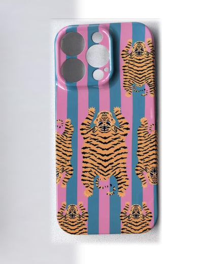 The Tibetan Tiger iPhone Case in Pink and Teal — tiger print on pink and teal stripes, printed phone case by Conscious Yoga Collective